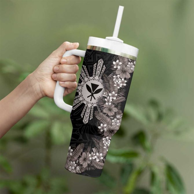 Hawaii and Philippines Together Hibiscus Flower and Sun Badge Polynesian Grayscale Custom Stanley Quencher 40oz Stainless Steel Tumbler With Handle - Image 3