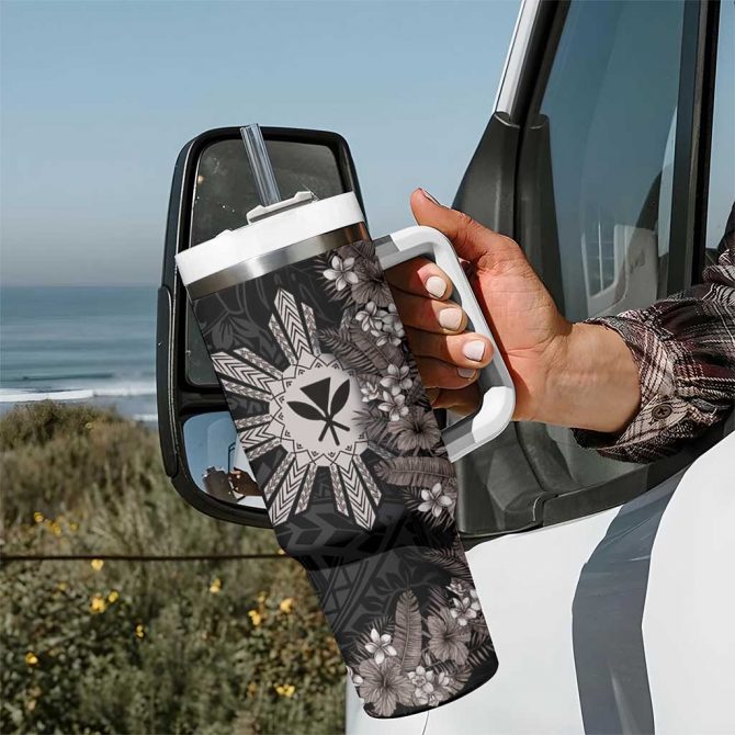 Hawaii and Philippines Together Hibiscus Flower and Sun Badge Polynesian Grayscale Custom Stanley Quencher 40oz Stainless Steel Tumbler With Handle - Image 7