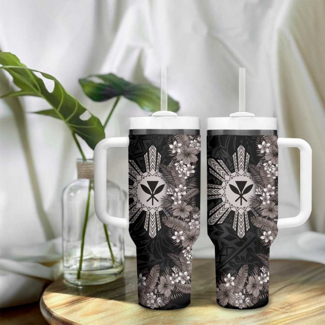 Hawaii and Philippines Together Hibiscus Flower and Sun Badge Polynesian Grayscale Custom Stanley Quencher 40oz Stainless Steel Tumbler With Handle - Image 9