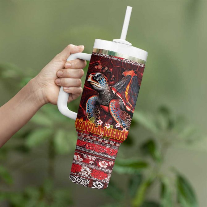 Hawaii KaUla Wena Volcano Turtle Lava and Tropical Plants Tribal Custom Stanley Quencher 40oz Stainless Steel Tumbler With Handle - Image 3