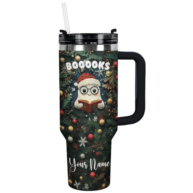 Holiday Bookworm Christmas Custom Stanley Quencher 40oz Stainless Steel Tumbler With Handle - Image 2