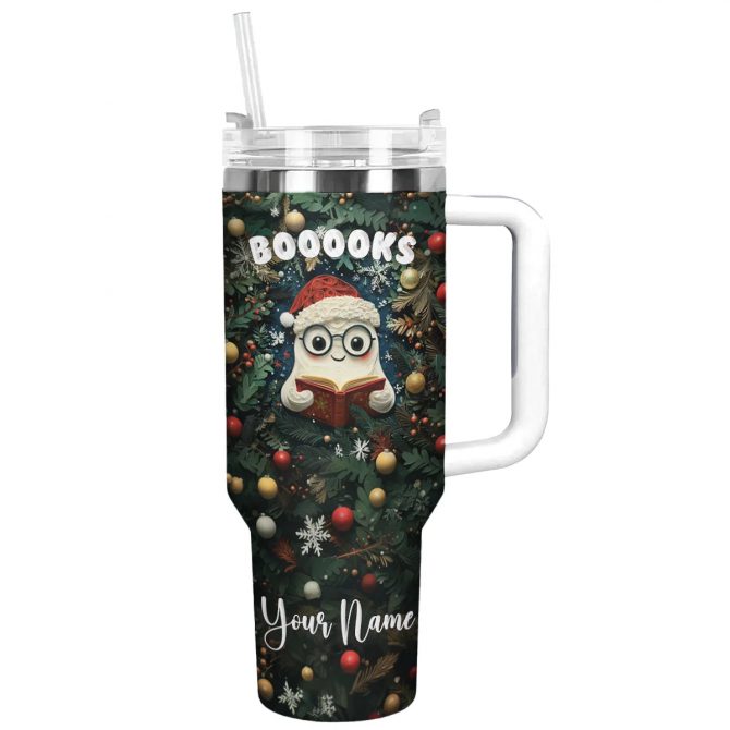 Holiday Bookworm Christmas Custom Stanley Quencher 40oz Stainless Steel Tumbler With Handle - Image 3