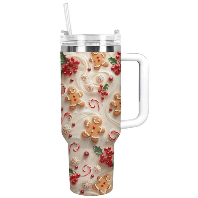 Holly Berry Gingerbread Christmas Custom Stanley Quencher 40oz Stainless Steel Tumbler With Handle