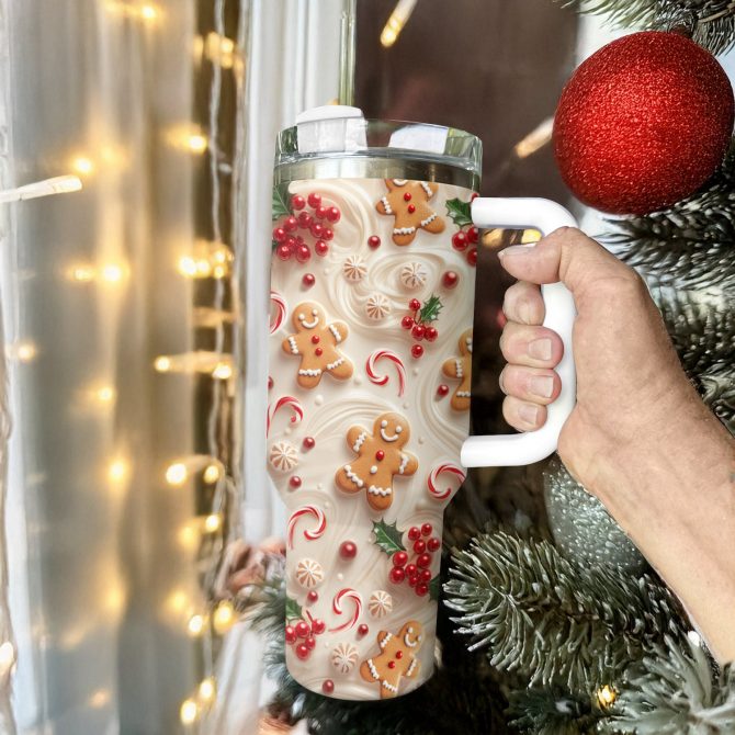 Holly Berry Gingerbread Christmas Custom Stanley Quencher 40oz Stainless Steel Tumbler With Handle - Image 2