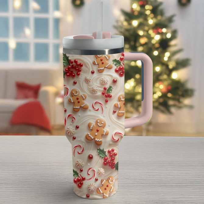 Holly Berry Gingerbread Christmas Custom Stanley Quencher 40oz Stainless Steel Tumbler With Handle - Image 3