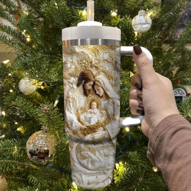 Holy Family Christmas Custom Stanley Quencher 40oz Stainless Steel Tumbler With Handle - Image 3
