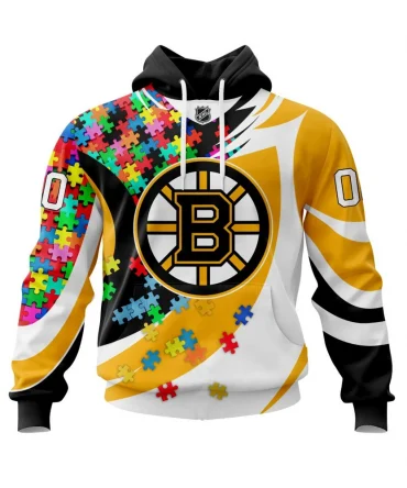 Hoodie Boston Bruins Autism Awareness L Personalized Name &amp; Number V0122 QTNHL080524A3810HD