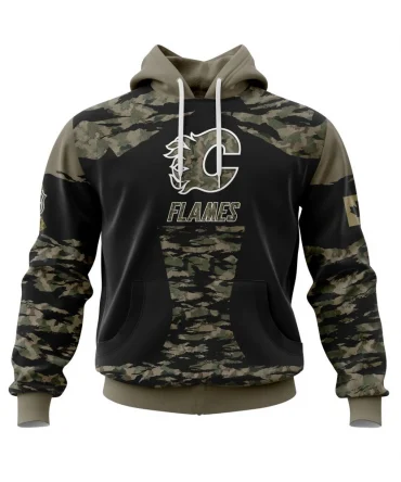 Hoodie Calgary Flames, Honors Veterans And Military Members QTNHL080524A3817HD