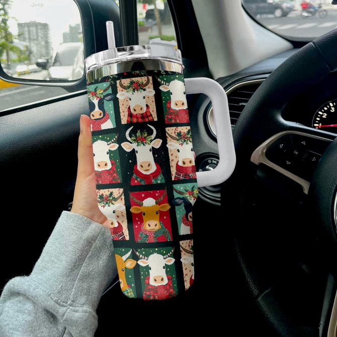 Joyful Christmas Cow Custom Stanley Quencher 40oz Stainless Steel Tumbler With Handle - Image 3