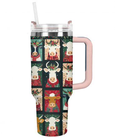 Joyful Christmas Cow Custom Stanley Quencher 40oz Stainless Steel Tumbler With Handle