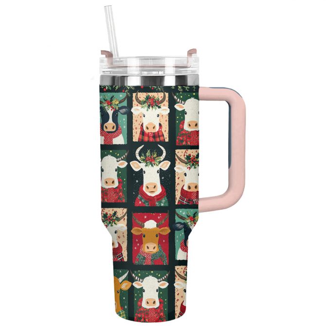 Joyful Christmas Cow Custom Stanley Quencher 40oz Stainless Steel Tumbler With Handle