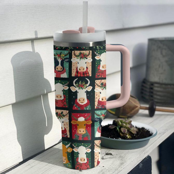 Joyful Christmas Cow Custom Stanley Quencher 40oz Stainless Steel Tumbler With Handle - Image 2