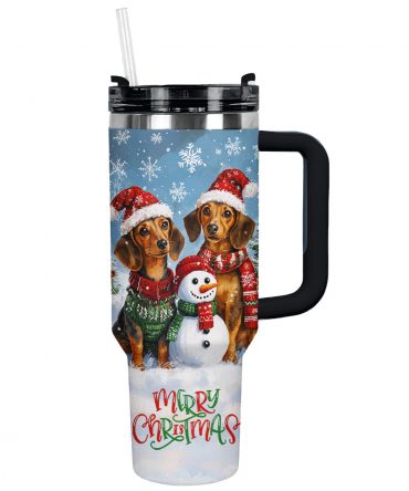 Joyful Christmas Dachshund Custom Stanley Quencher 40oz Stainless Steel Tumbler With Handle