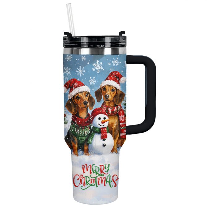Joyful Christmas Dachshund Custom Stanley Quencher 40oz Stainless Steel Tumbler With Handle