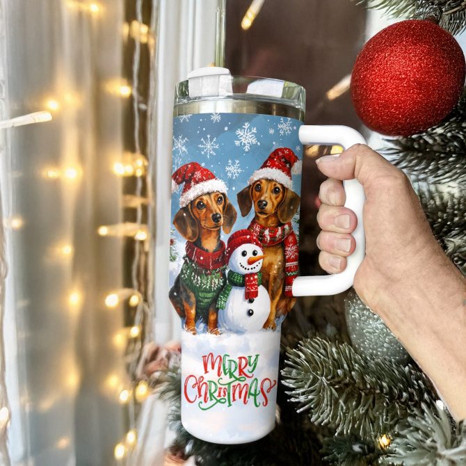 Joyful Christmas Dachshund Custom Stanley Quencher 40oz Stainless Steel Tumbler With Handle - Image 3