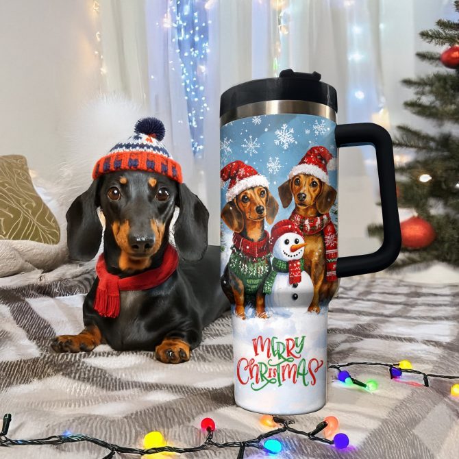 Joyful Christmas Dachshund Custom Stanley Quencher 40oz Stainless Steel Tumbler With Handle - Image 2