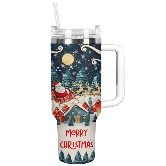 Joyful Christmas Santa Custom Stanley Quencher 40oz Stainless Steel Tumbler With Handle