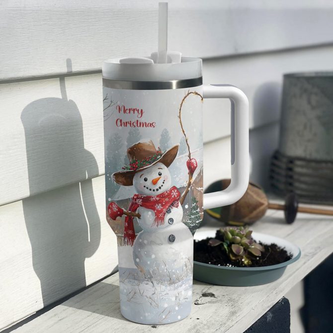 Joyful Cowboy Snowman Christmas Custom Stanley Quencher 40oz Stainless Steel Tumbler With Handle - Image 2