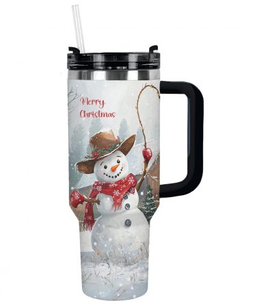 Joyful Cowboy Snowman Christmas Custom Stanley Quencher 40oz Stainless Steel Tumbler With Handle