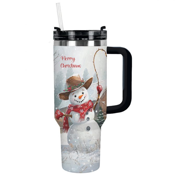 Joyful Cowboy Snowman Christmas Custom Stanley Quencher 40oz Stainless Steel Tumbler With Handle