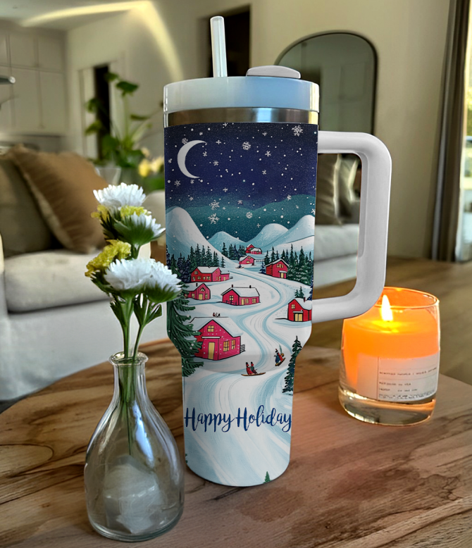 Joyful Holiday Village Christmas Custom Stanley Quencher 40oz Stainless Steel Tumbler With Handle - Image 2