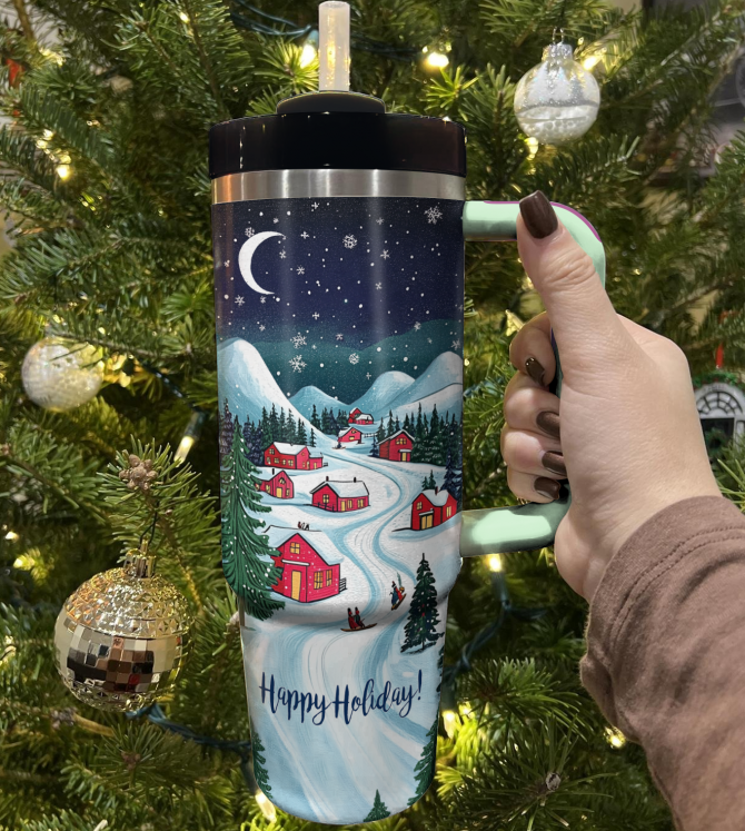Joyful Holiday Village Christmas Custom Stanley Quencher 40oz Stainless Steel Tumbler With Handle - Image 3