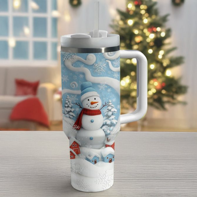 Joyful Winter Snowman Christmas Custom Stanley Quencher 40oz Stainless Steel Tumbler With Handle - Image 2