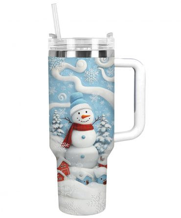 Joyful Winter Snowman Christmas Custom Stanley Quencher 40oz Stainless Steel Tumbler With Handle