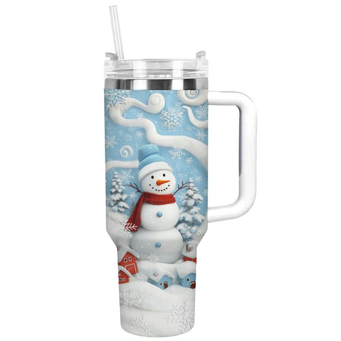 Joyful Winter Snowman Christmas Custom Stanley Quencher 40oz Stainless Steel Tumbler With Handle
