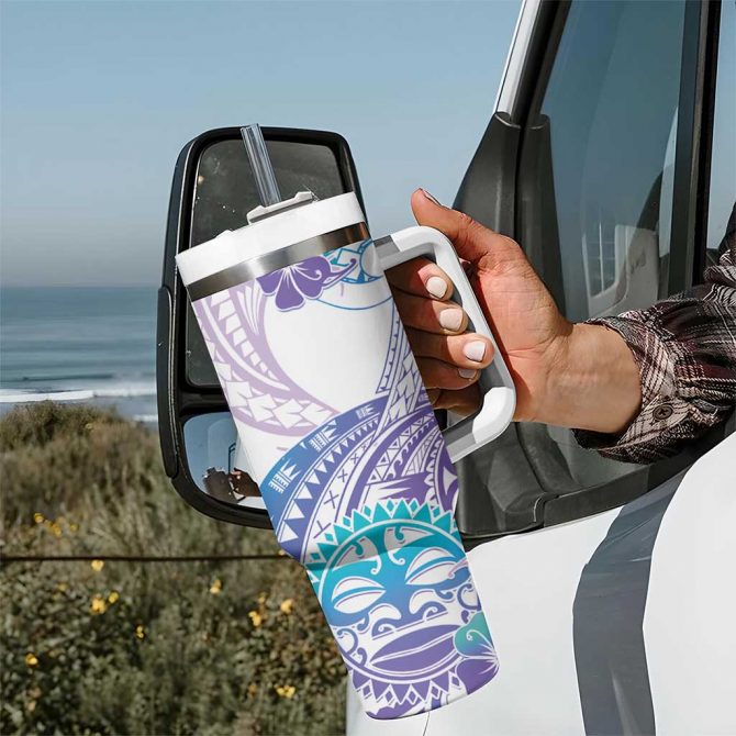 Kia Ora Maori New Zealand Pastel Sun Ta Moko Violet Custom Stanley Quencher 40oz Stainless Steel Tumbler With Handle - Image 7