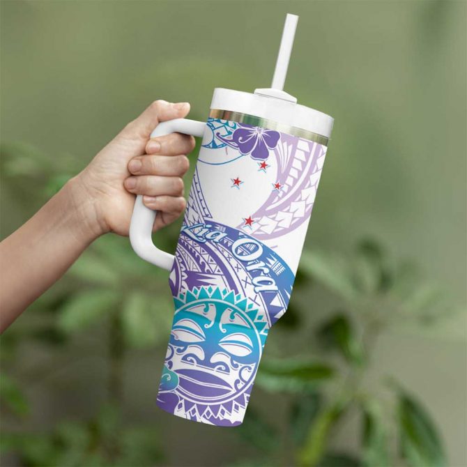 Kia Ora Maori New Zealand Pastel Sun Ta Moko Violet Custom Stanley Quencher 40oz Stainless Steel Tumbler With Handle - Image 3