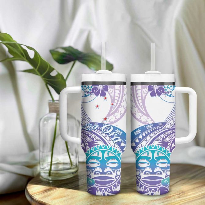 Kia Ora Maori New Zealand Pastel Sun Ta Moko Violet Custom Stanley Quencher 40oz Stainless Steel Tumbler With Handle - Image 9