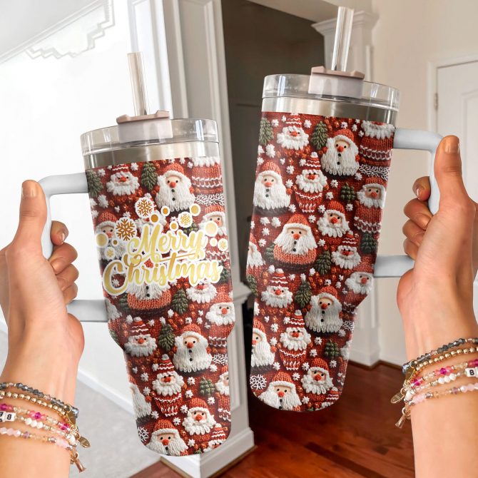 Knitted Santa Christmas Custom Stanley Quencher 40oz Stainless Steel Tumbler With Handle - Image 2