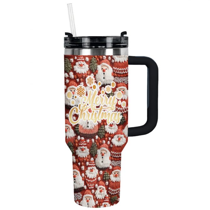 Knitted Santa Christmas Custom Stanley Quencher 40oz Stainless Steel Tumbler With Handle