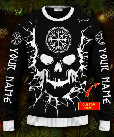 Skull Vegvisir Back And White Viking Custom Ugly Christmas Sweater