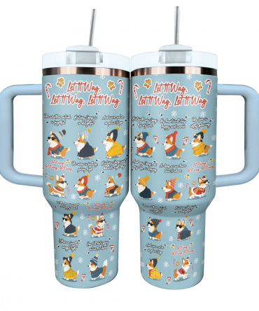 Let It Wag Corgi Love Christmas Custom Stanley Quencher 40oz Stainless Steel Tumbler With Handle