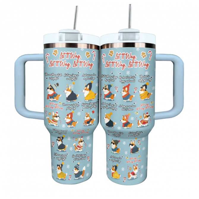 Let It Wag Corgi Love Christmas Custom Stanley Quencher 40oz Stainless Steel Tumbler With Handle