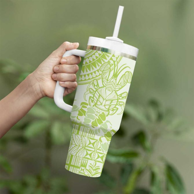 Lime Green Niue Language Week The Rock Coconut Crab Siapo Custom Stanley Quencher 40oz Stainless Steel Tumbler With Handle - Image 3