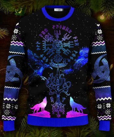 Blue Vegvisir Triple Horn Pattern Wolf Viking Ugly Christmas Sweater