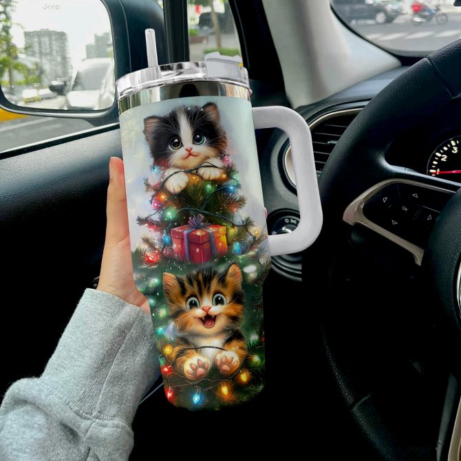 Merry And Cat Meowy Christmas Custom Stanley Quencher 40oz Stainless Steel Tumbler With Handle - Image 3