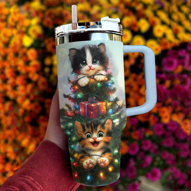 Merry And Cat Meowy Christmas Custom Stanley Quencher 40oz Stainless Steel Tumbler With Handle - Image 2