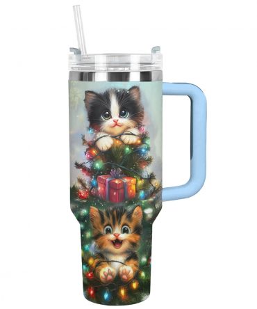 Merry And Cat Meowy Christmas Custom Stanley Quencher 40oz Stainless Steel Tumbler With Handle