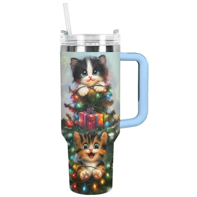 Merry And Cat Meowy Christmas Custom Stanley Quencher 40oz Stainless Steel Tumbler With Handle