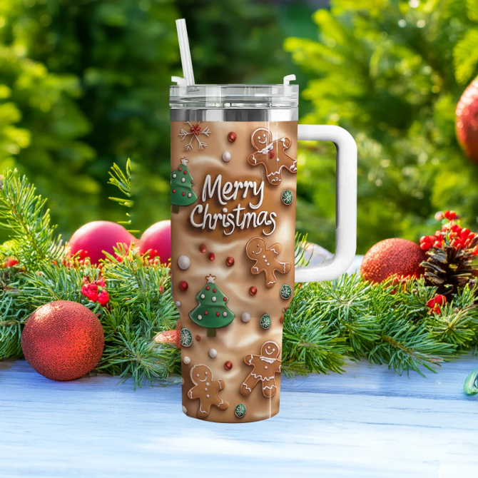 Merry & Bright Christmas Custom Stanley Quencher 40oz Stainless Steel Tumbler With Handle - Image 2