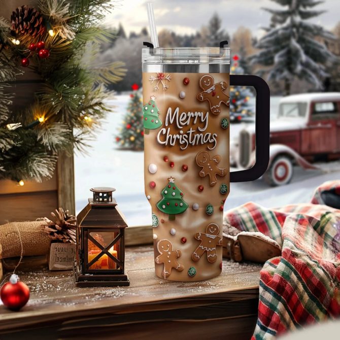 Merry & Bright Christmas Custom Stanley Quencher 40oz Stainless Steel Tumbler With Handle - Image 3