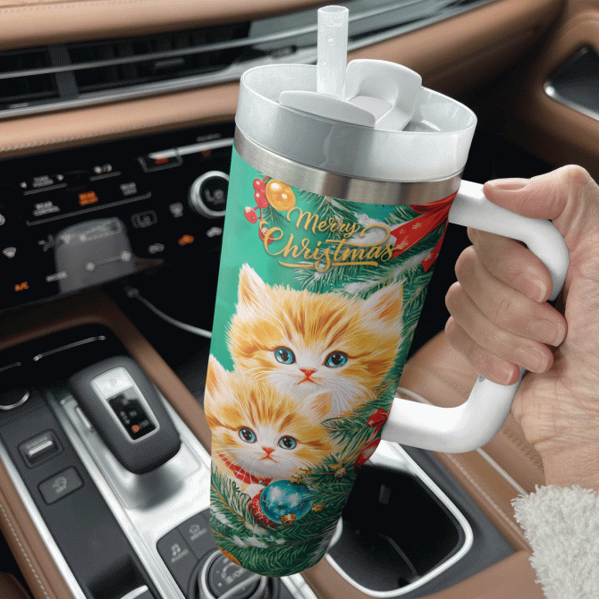 Merry Christmas Cat Custom Stanley Quencher 40oz Stainless Steel Tumbler With Handle - Image 3