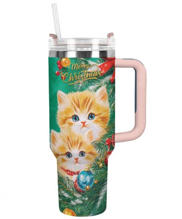 Merry Christmas Cat Custom Stanley Quencher 40oz Stainless Steel Tumbler With Handle