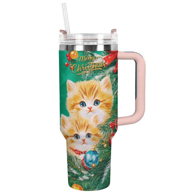 Merry Christmas Cat Custom Stanley Quencher 40oz Stainless Steel Tumbler With Handle