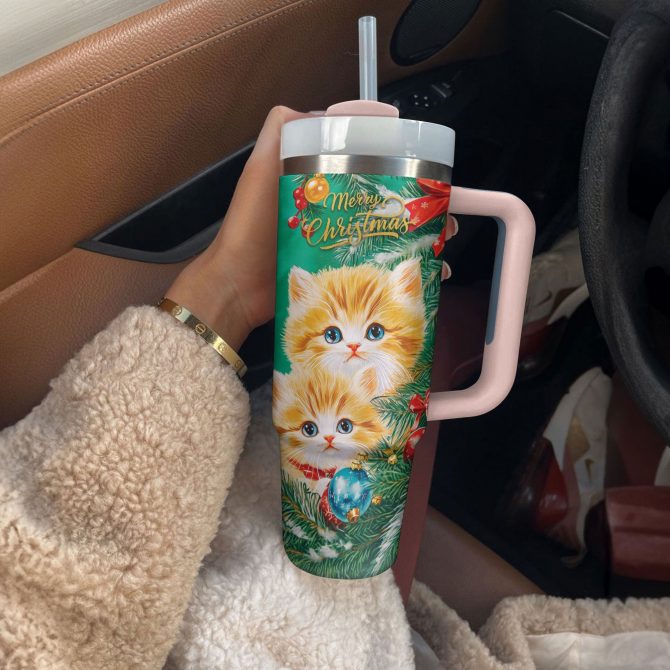 Merry Christmas Cat Custom Stanley Quencher 40oz Stainless Steel Tumbler With Handle - Image 2