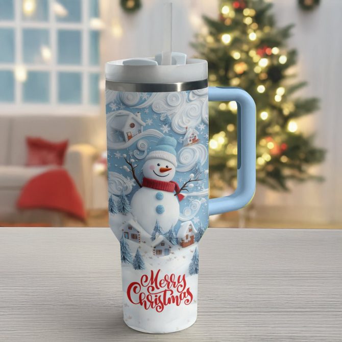 Merry Christmas Snowman Custom Stanley Quencher 40oz Stainless Steel Tumbler With Handle - Image 3